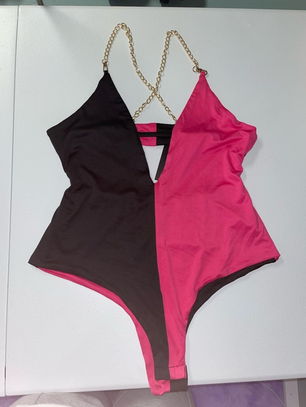 Fashion Nova Pink & Black Colorblock One-Piece with Gold Chain Straps